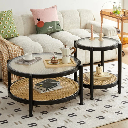 Solid Wood Wicker Coffee Table With Glass Top Modern Round Design