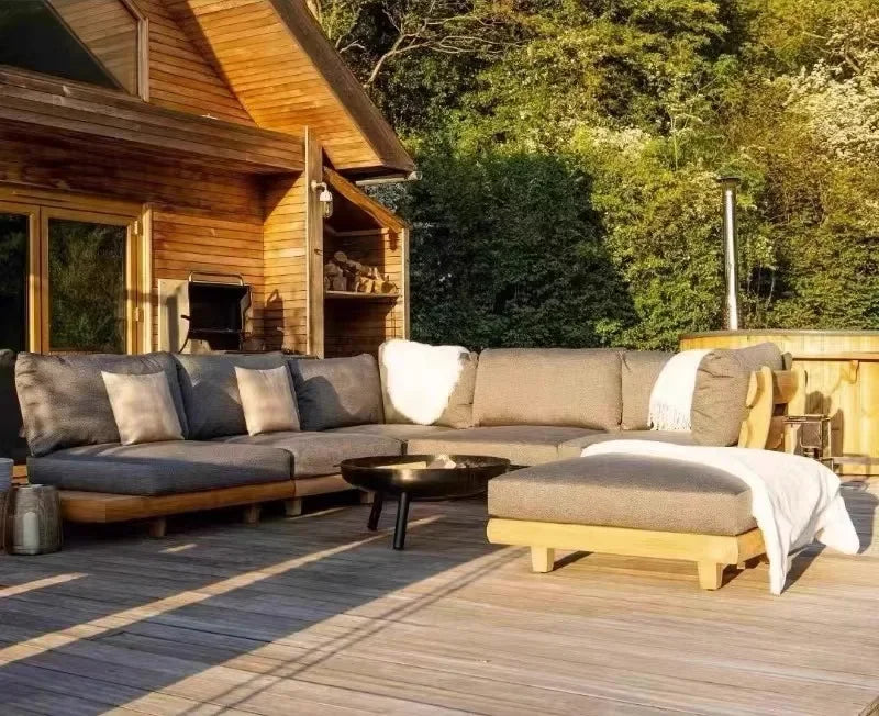 Outdoor Nordic Garden Furniture – Solid Wood Rattan Sofa & Coffee Table Combo
